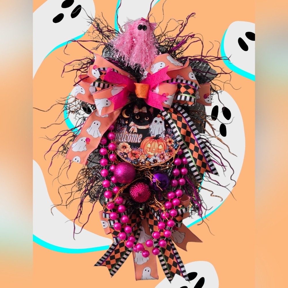Halloween Whimsical Pink Ghost Wreath Swag - Picture 2 of 6